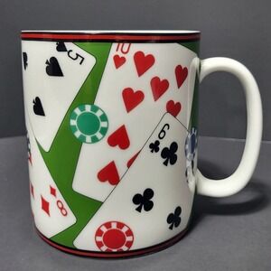 222 Fifth Playing Cards Poker Chips Ceramic‎ Coffee Mug Green Casino Theme 5in